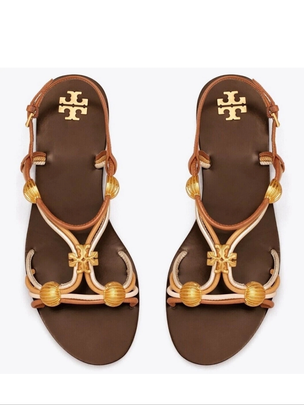 Tory Burch Women's Brown and Gold Leather Beaded Sandals!1.